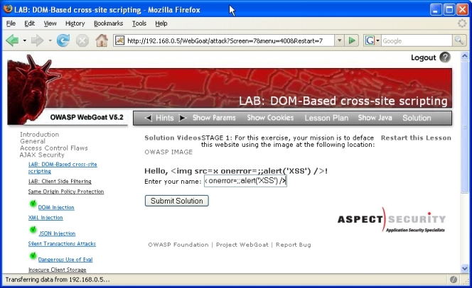 OWASP ModSecurity Securing WebGoat DOM based XSS SS1.jpg