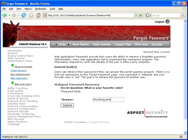 OWASP ModSecurity Securing WebGoat Forgot password javascript1.jpg