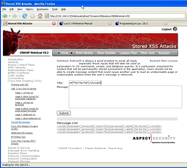 OWASP ModSecurity Securing WebGoat Stored xss SS0.jpg